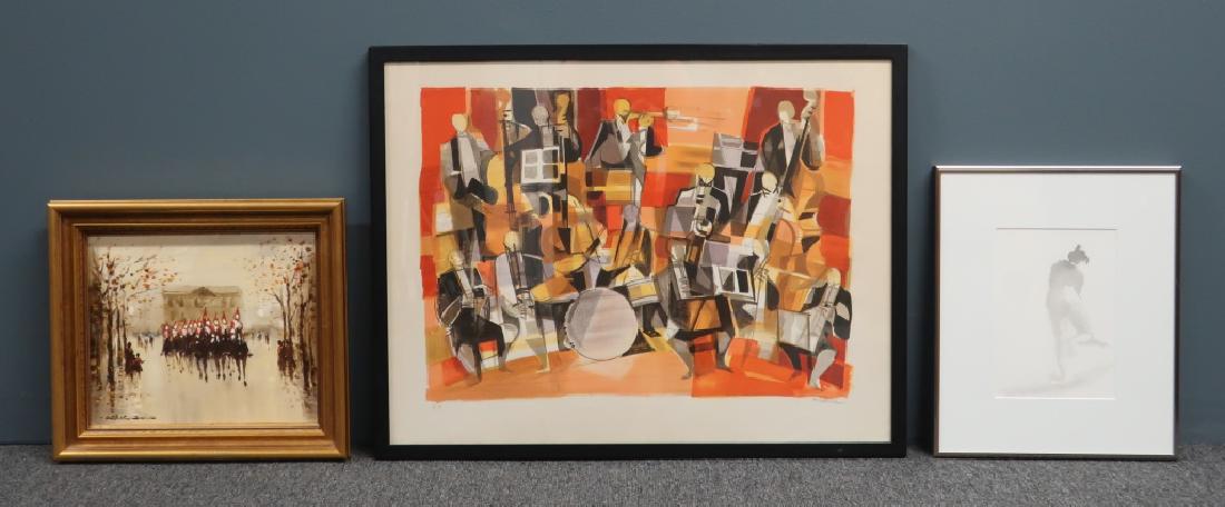 An Oil Painting, a Lithograph, and Ink Wash: Donald Stockton Smith (British, b. 1935) oil on canvas of the Queen's Guard titled "Cavalry Parade", circa 1980's, signed lower left, label verso, 8"h x 12"w, a Camille Hilair (French, 1916 - 2004) cu