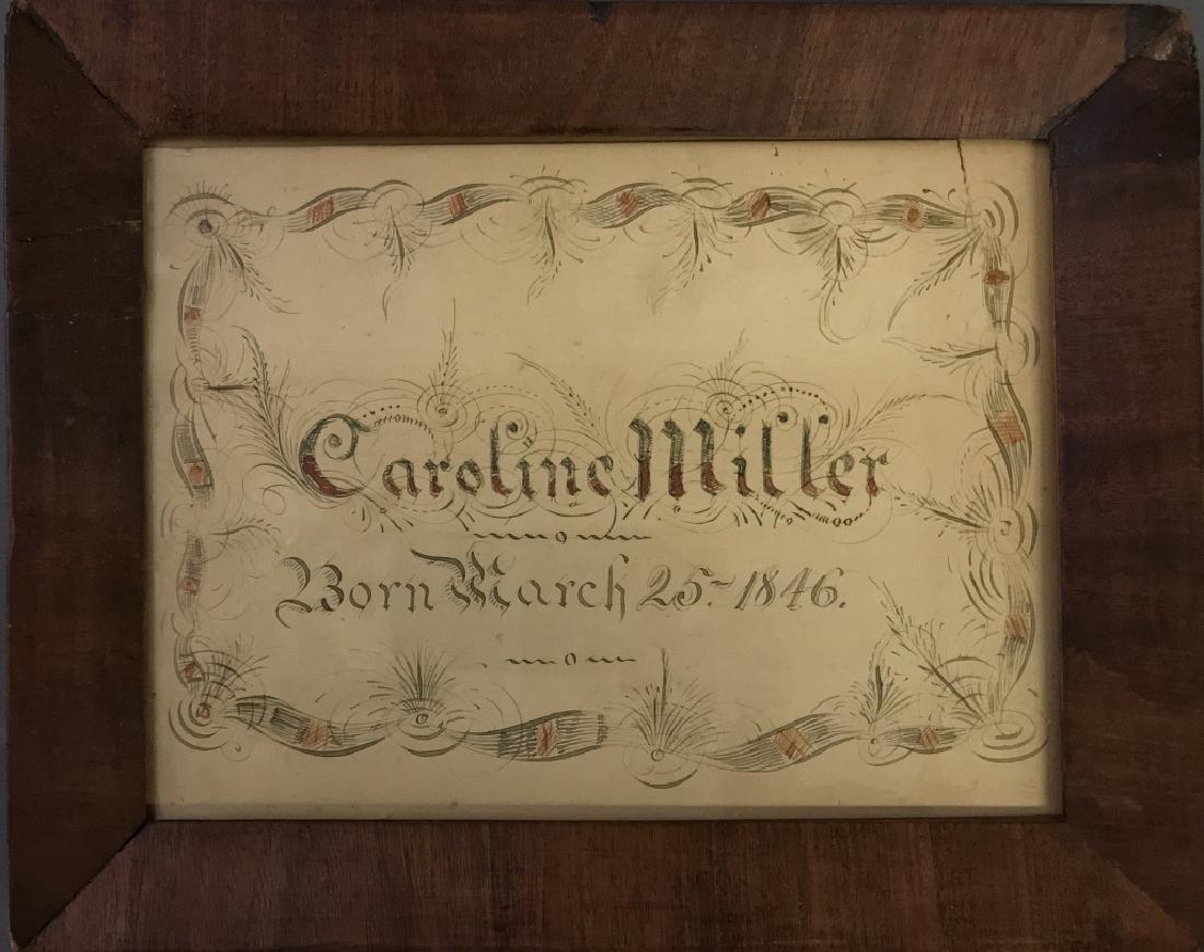 Framed Penmanship: Framed penmanship "Caroline Miller Born March 25, 1846" 6 3/4"h x 8 1/2"w