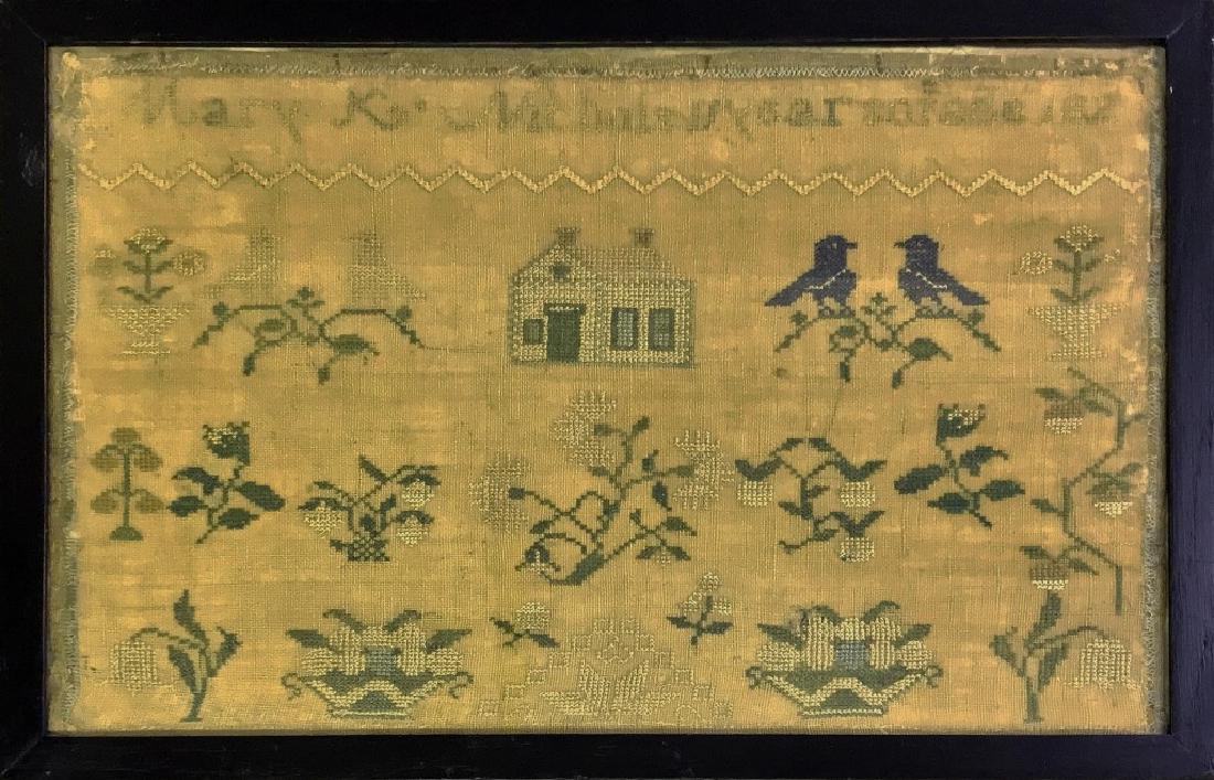 American Sampler "Mary K. Nichols 82": American sampler wrought by "Mary K. Nichols 82", with house, birds, and flowers