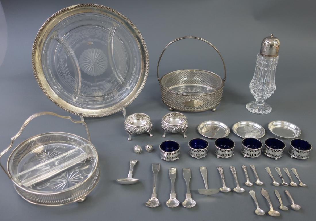 Sterling and Glass Tableware and Waterford Castor: Sterling and glass tableware, including a Waterford castor, 8"h