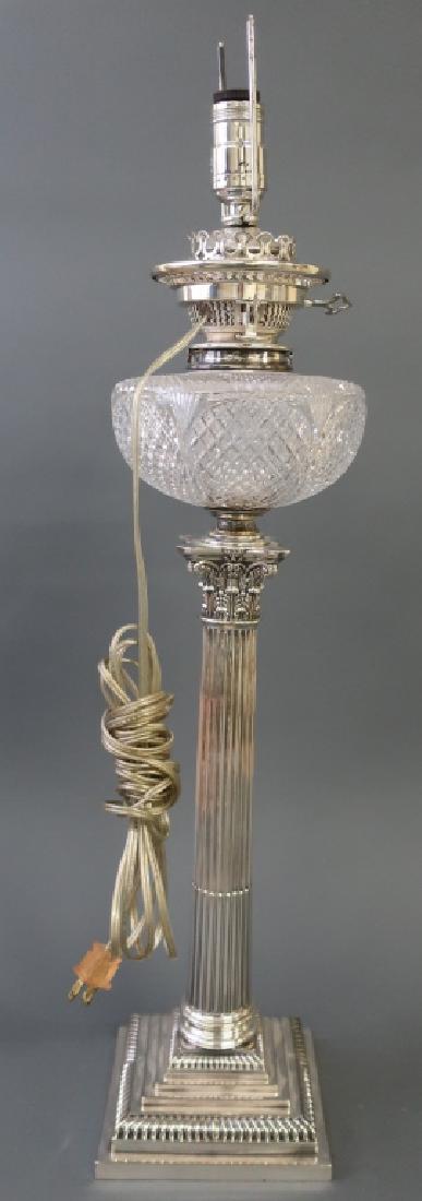 Large English Silverplate Oil Lamp, Electrified: Large English silverplate oil lamp, signed "Binks & Sons", with crystal font, electrified, no shade, 27"h