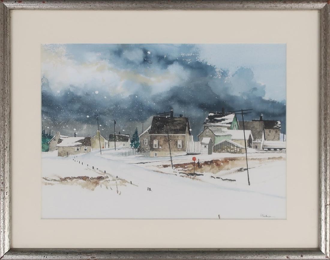 Peter Sculthorpe Painting "Winter on Grand Manan": Peter Sculthorpe (American b.1948) watercolor landscape painting of a Canadian island scene, titled "Winter on Grand Manan (New Brunswick)", dated 1976, signed lower right, label verso, sight 10 1/4"h