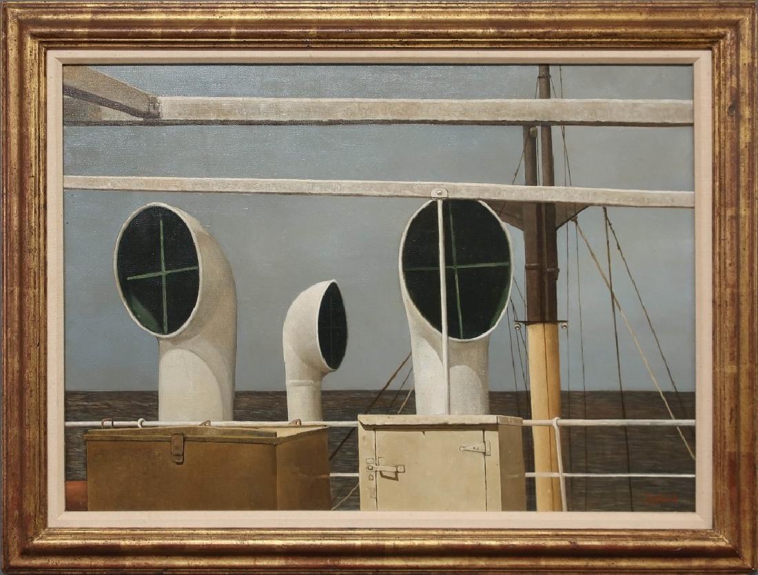 Oil on Canvas Painting of Ship Funnels: Oil on canvas painting of ship funnels titled "Three Funnels", signed lower right "Harry Niblock", label verso, sight 17 5/8"h x 24 1/2"w