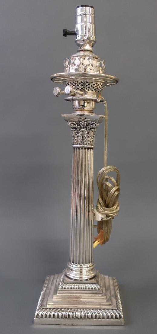 English Silverplate Oil Lamp, Electrified: English silverplate oil lamp, electrified, no shade, 19"h