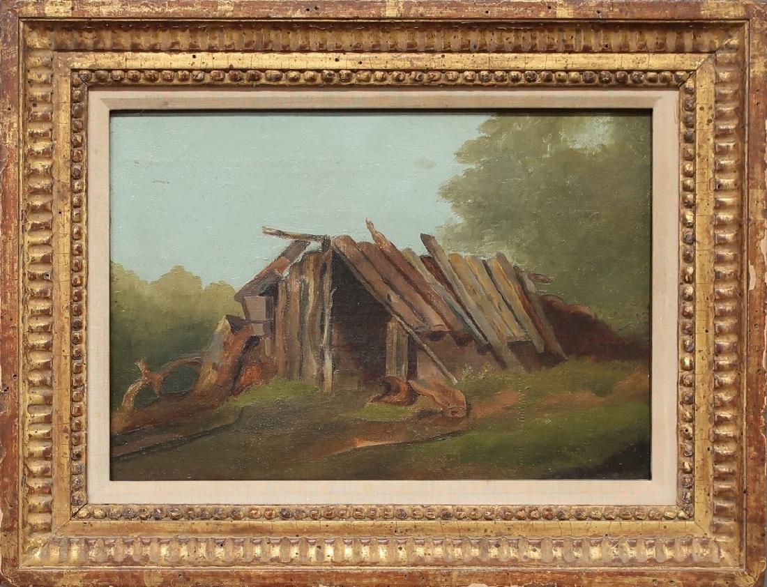 American Oil on Canvas of a Rustic Log Hut: American Romantic type oil on canvas painting of a rustic log hut, unsigned, label verso "Wickersham Gallery Inc., Madison Ave., New York 21, NY" and "Homer type c.1850", sight 6 1/2"h x 9 1/2"w