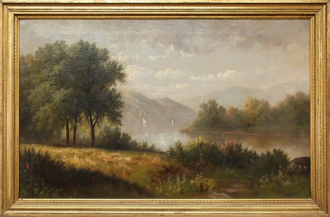 Hudson River School Oil on Canvas with Sailboats: Oil on canvas Hudson River School painting with sailboats, late 19th c., signed lower right illegibly, sight 22"h x 35 1/2"w