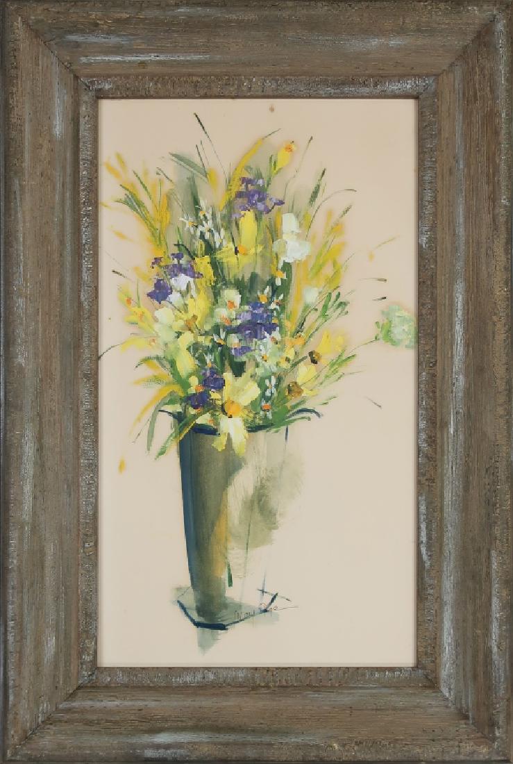 Mary Page Evans Still Life of a Vase of Flowers: Mary Page Evans (American, 20th c.) mixed media gouache and oil pastel still life of a vase of flowers, signed lower right "Mary Page", sight 23"h x 13"w