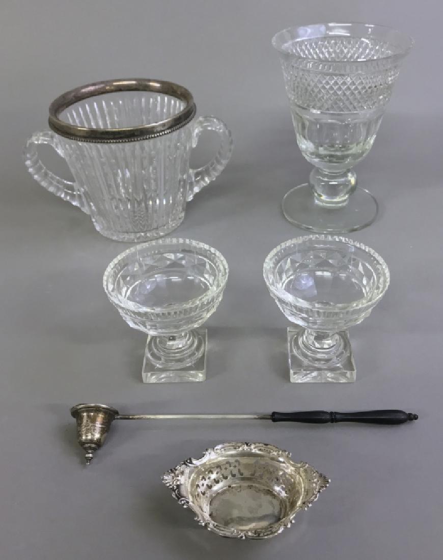 American Brilliant Period Cut Glass Vase, Etc.: American Brilliant Period cut glass vase with sterling rim, 5 1/4"h, together with another vase, two master salts, sterling nut dish, and a snuffer