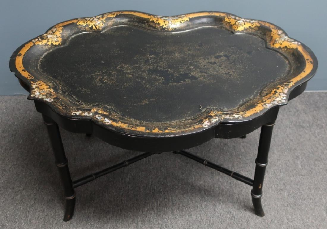 Papier Mache Black and Gilt Tray: Papier mache black and gilt tray, late 19th c, with bamboo style stand, 18"h x 32"w