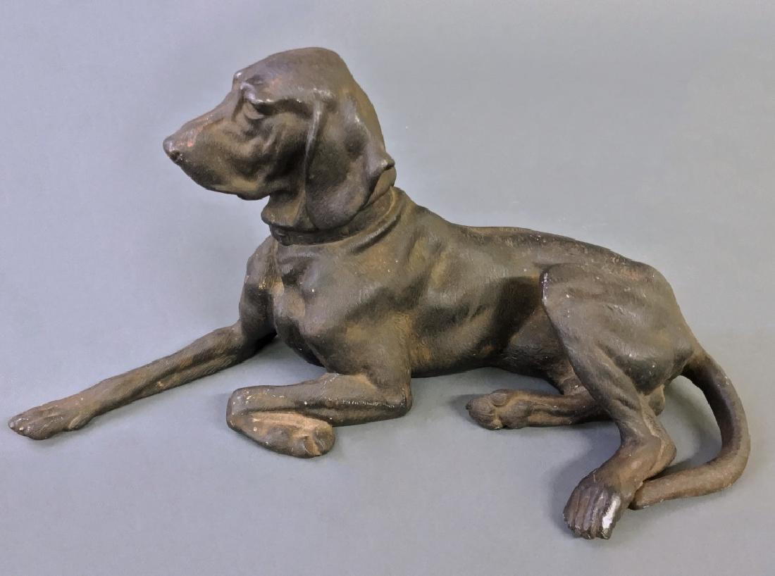Cast Iron Dog Door Stop: Finely cast iron dog door stop, signed indistinctly, probably late 19th c., 7"h x 14"l