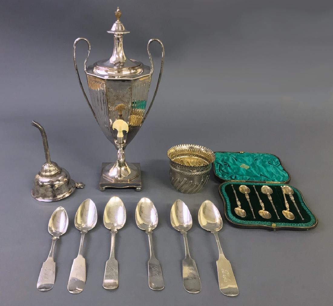 Boxed Set of Six Silver Coronation Teaspoons, Etc.: Boxed set of six silver-gilt Edward VII Coronation teaspoons, London 1902, each 4 1/2"l, a coddle cup, coin silver spoons, silverplate wine funnel, and an urn, 15"h