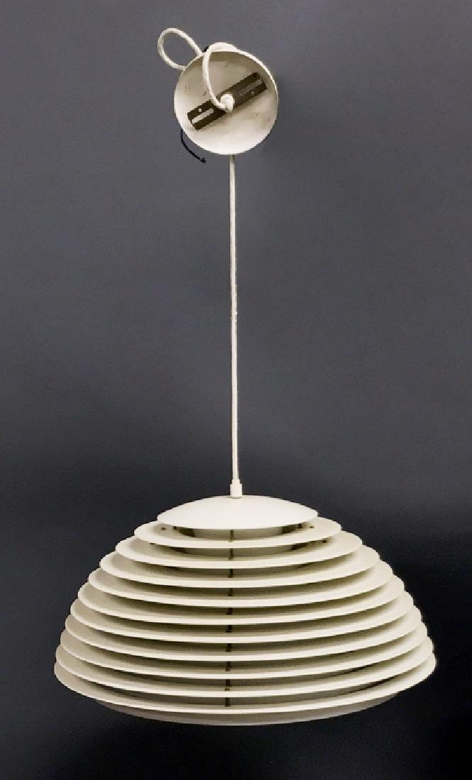 Danish Mid-Century Modern White Chandelier: Danish mid-century modern white metal chandelier labeled, "Fog & Morup, Made in Denmark," 10"h x 20"dia