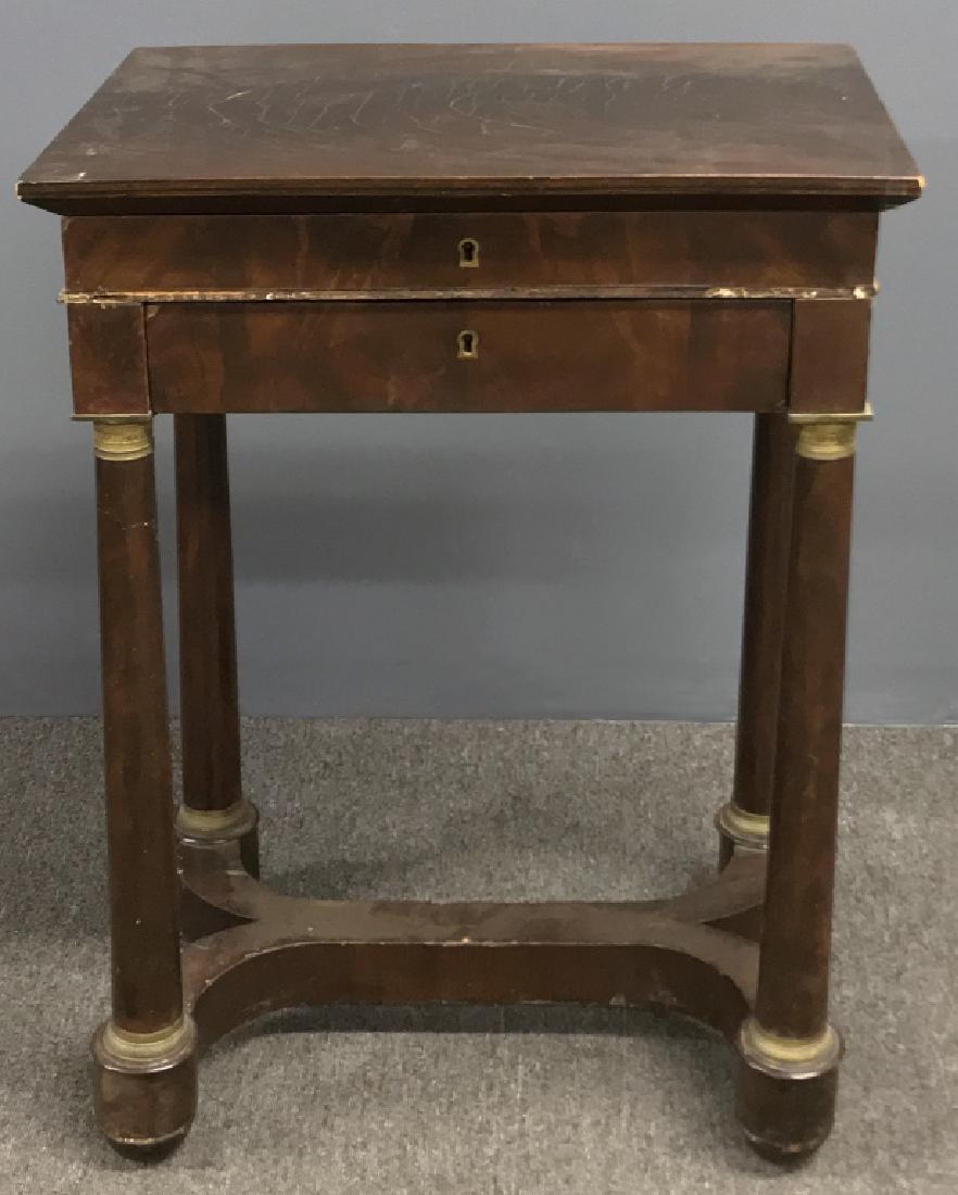 Empire Mahogany Work Table: Empire mahogany work table with brass ormolu mounts, 29"h x 20 1/2"w x 14"d