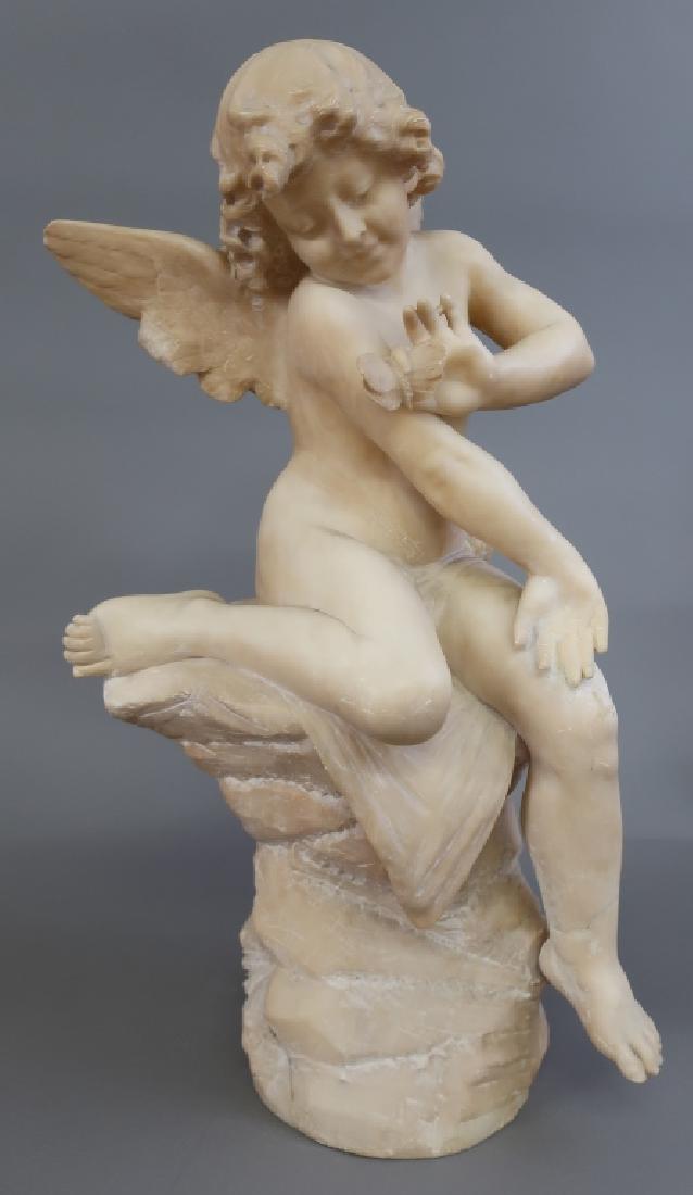 19th c. Alabaster Carved Cupid with Butterfly: 19th c. Italian alabaster carved cupid with butterly statue, signed on base "V. Biagini(?)", after the 1888 William-Adolphe Bougereau painting "Cupid with Butterfly", some repairs noted, overall 24 1/