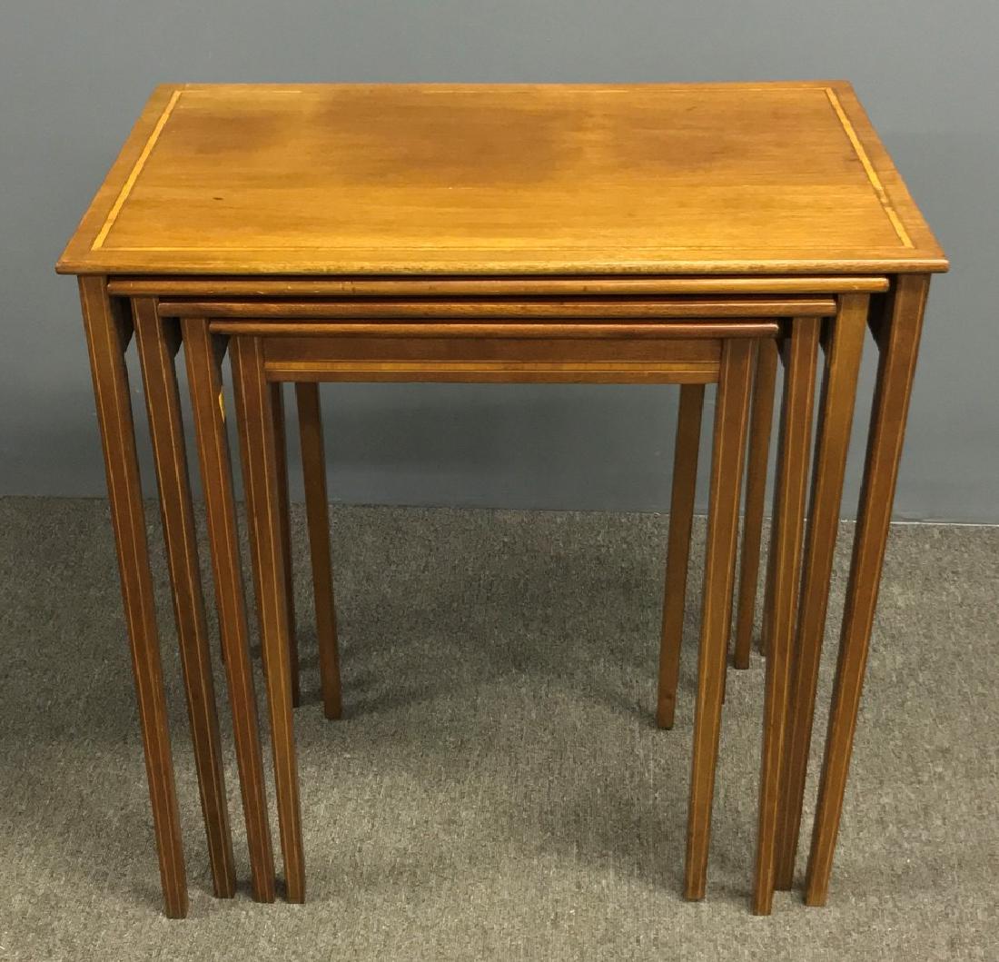 Hepplewhite Style Inlaid Mahogany Nest of Tables: Heppleshite style inlaid mahogany nest of four tables, largest 28"h x 28"w