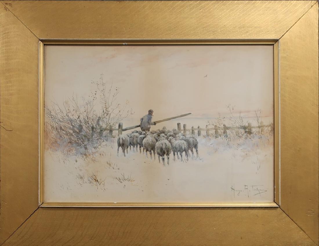 Hugo Anton Fisher Watercolor of Man Herding Sheep: Hugo Anton Fisher (America / Czech Republic 1854 - 1916) watercolor of a man herding sheep, signed lower right, Phoenix-Chase Galleries, Baltimore label verso, sight 15"h x 21 3/4"w