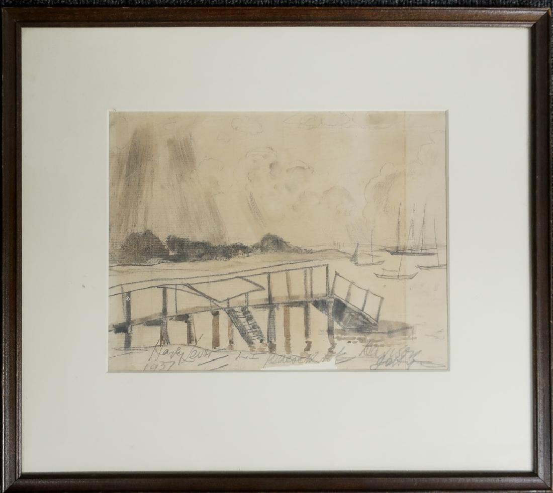 Hayley Lever Sketch of Boats In Long Island Sound: Hayley Lever (Australia / America 1875 - 1958) framed and matted pencil sketch titled "Boats In a Sound, L.I., Peacock St., Davison Jetty", sight 7 1/2"h x 9 1/2"w