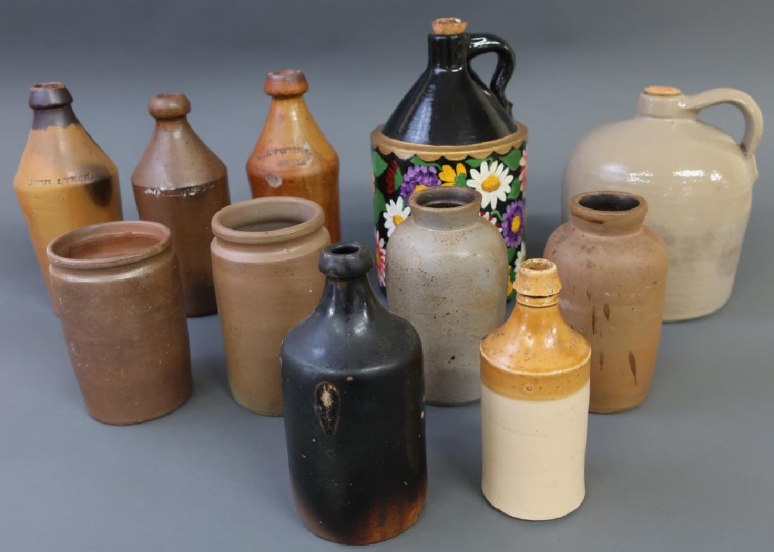 Eleven Stoneware and Redware Jugs and Bottles: Eleven stoneware and redware jugs, bottles, etc., tallest 12"h