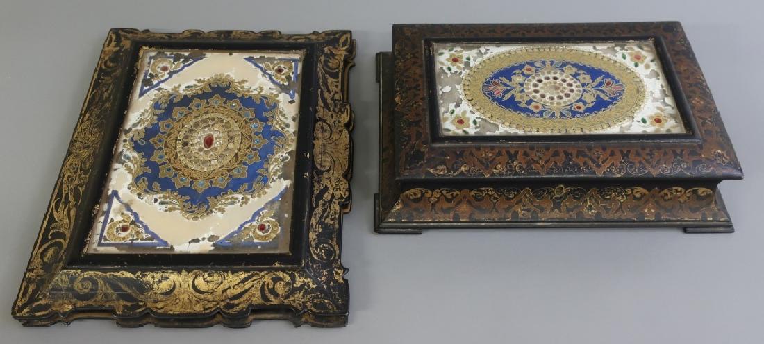Victorian Papier Mache Jewelry Box and Blotter: Victorian papier mache ladies jewelry box with reverse painted glass lid, together with a matching blotter, 12"h x 9 1/4"w