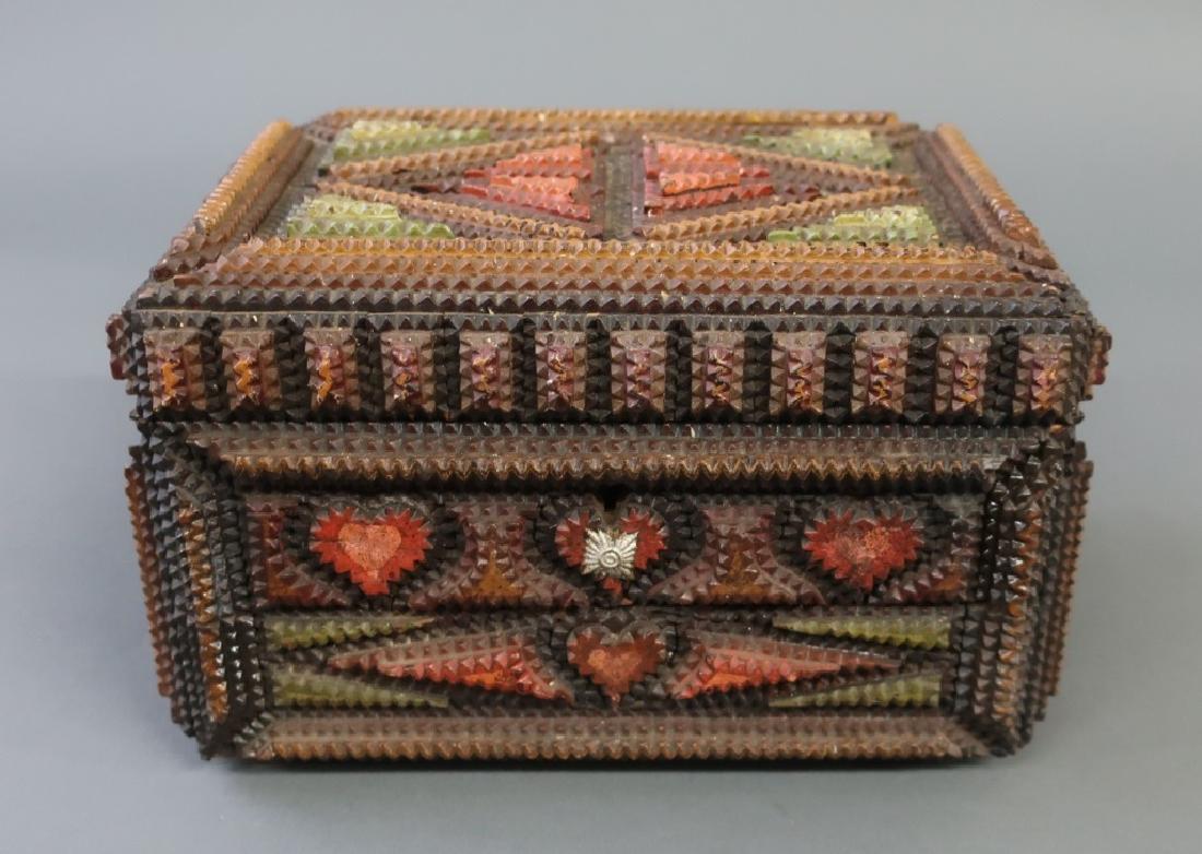 Tramp Art Jewelry Box: Chip carved Tramp Art jewelry box, early 20th c., 7"h x 11"w