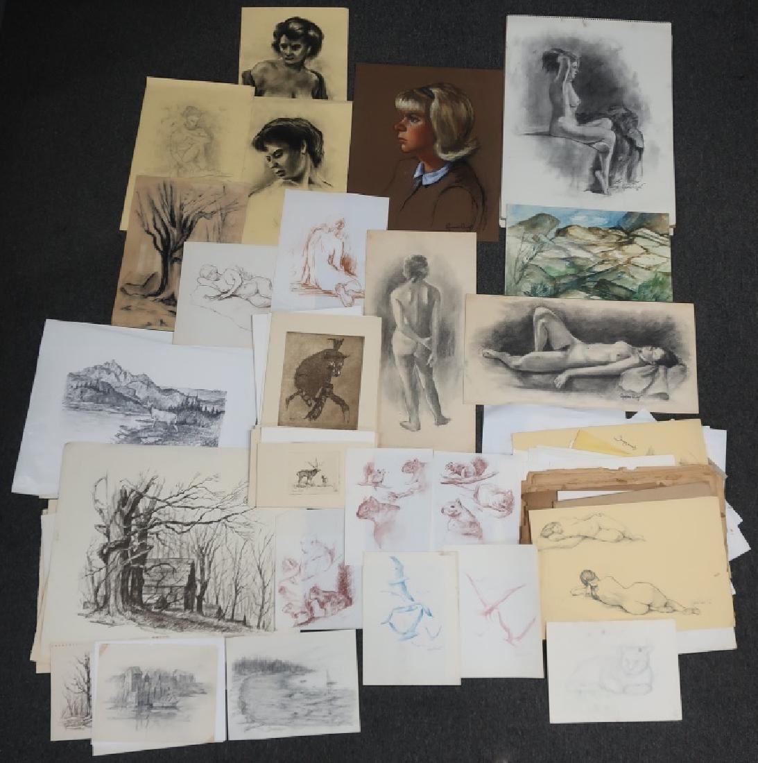 Two Large Portfolios of Works By Richard Clive: Richard R. Clive (New York 1912 - 1992) archival collection of undated works including charcoal, pencil, crayon, and pastel drawings, animal and landscape sketches, many figure studies, a sketchbook,