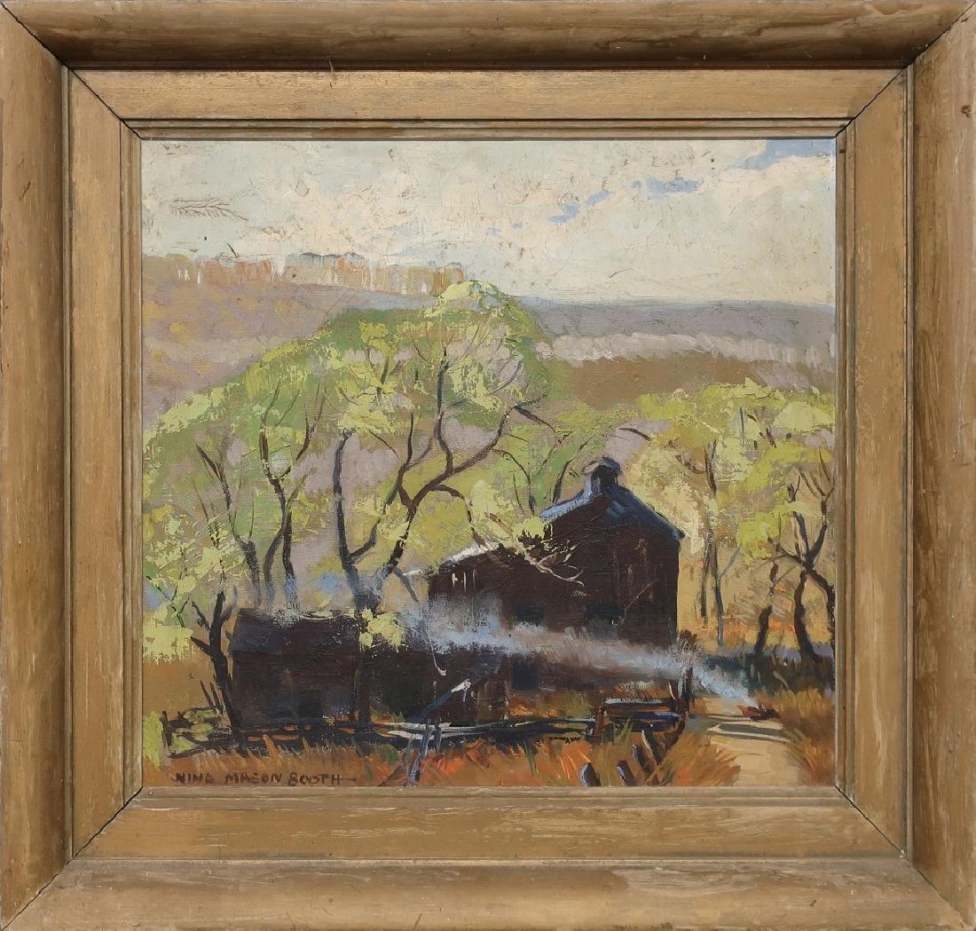 Nina Mason Booth Oil on Canvas a Cabin in Spring: Nina Mason Booth (American, 1884 - 1957) oil on canvas of a cabin in Spring, signed lower left, sight 12 1/2"h x 13 1/2"w; artist is the daughter of artist Roy Martell Mason, a hunting and fishing art