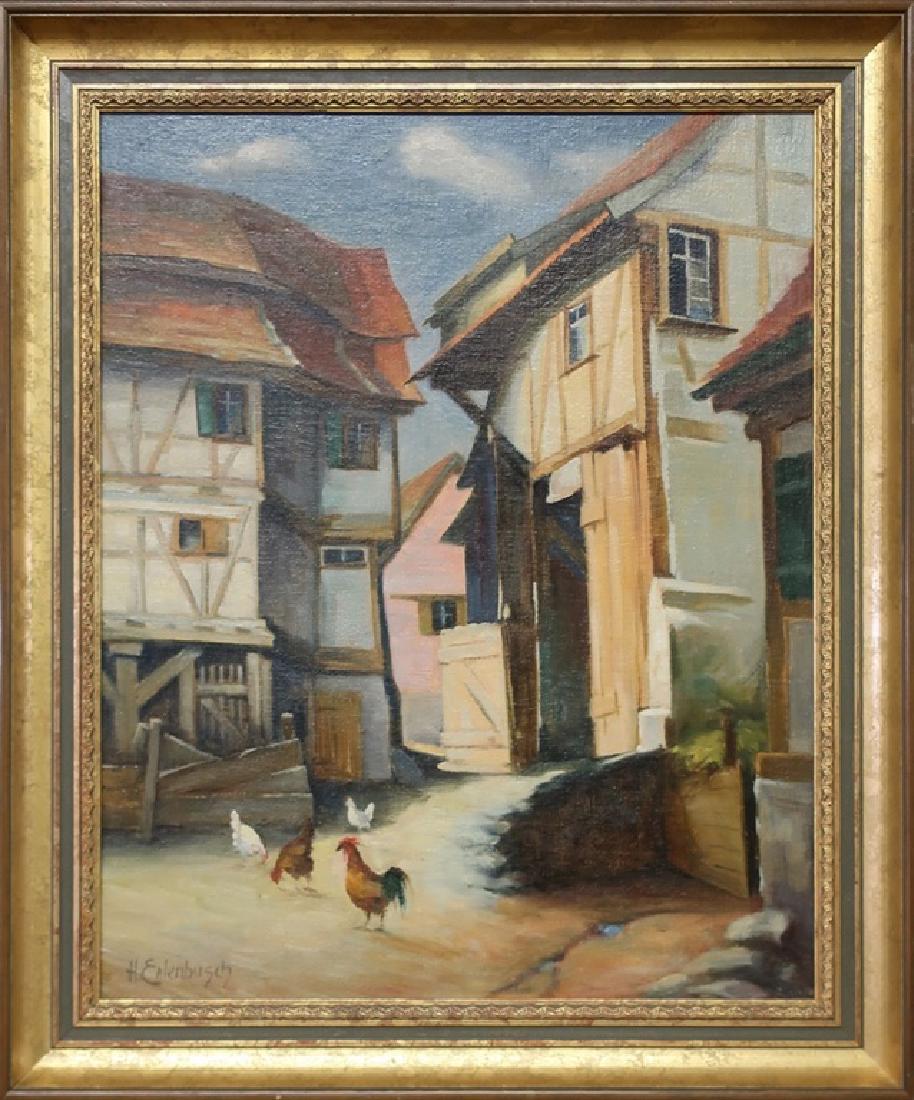 Hermann Erlenbusch Oil of Chickens in a Village: Hermann Erlenbusch (German b. 1890) oil on artist board of chickens in a village, signed lower left "H. Erlenbusch," sight 21 1/4"h x 17 1/2"w