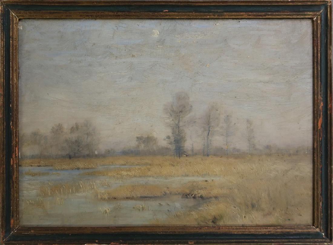 French Oil on Board Fall Marsh Landscape: French oil on board fall marsh landscape, signed indistinctly lower right, provenance verso, sight 7"h x 10"w; this painting belonged to Leonce Benedite, curator of the Luxembourg Museum, Paris