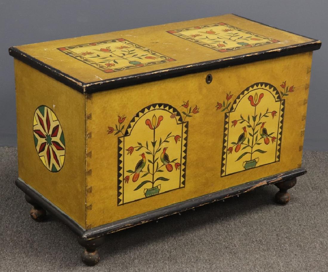 Pennsylvania Decorated Blanket Chest: Pennsylvania decorated blanket chest, circa 1800, with paint of a later date, 25"h x 37 1/2"w