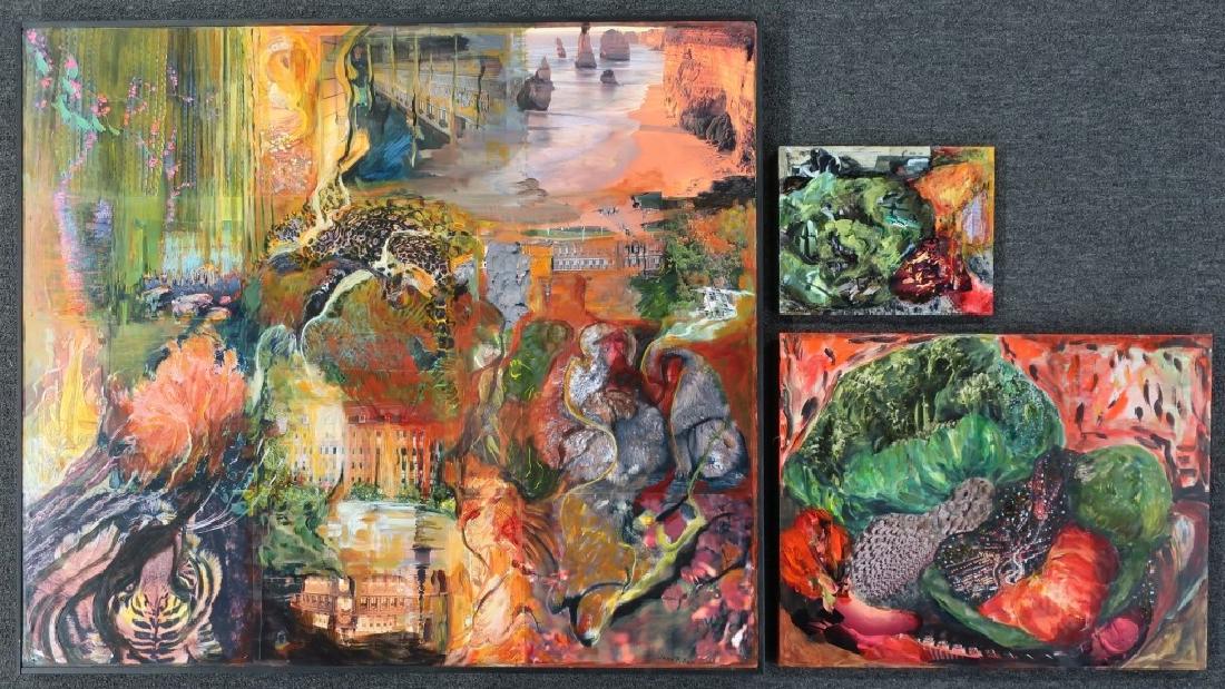 Three Acrylic and Mixed Media Paintings: Three contemporary works in acrylic and collage / mixed media by Jane Pyle, largest 42"h x 48"w sight, smaller two works are unframed