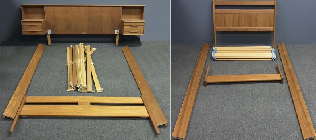 Mid-Century Modern Double and Single Bed: Mid-century modern double bed with nightstands on headboard, 29 1/2"h x 92"l, together with a single bed