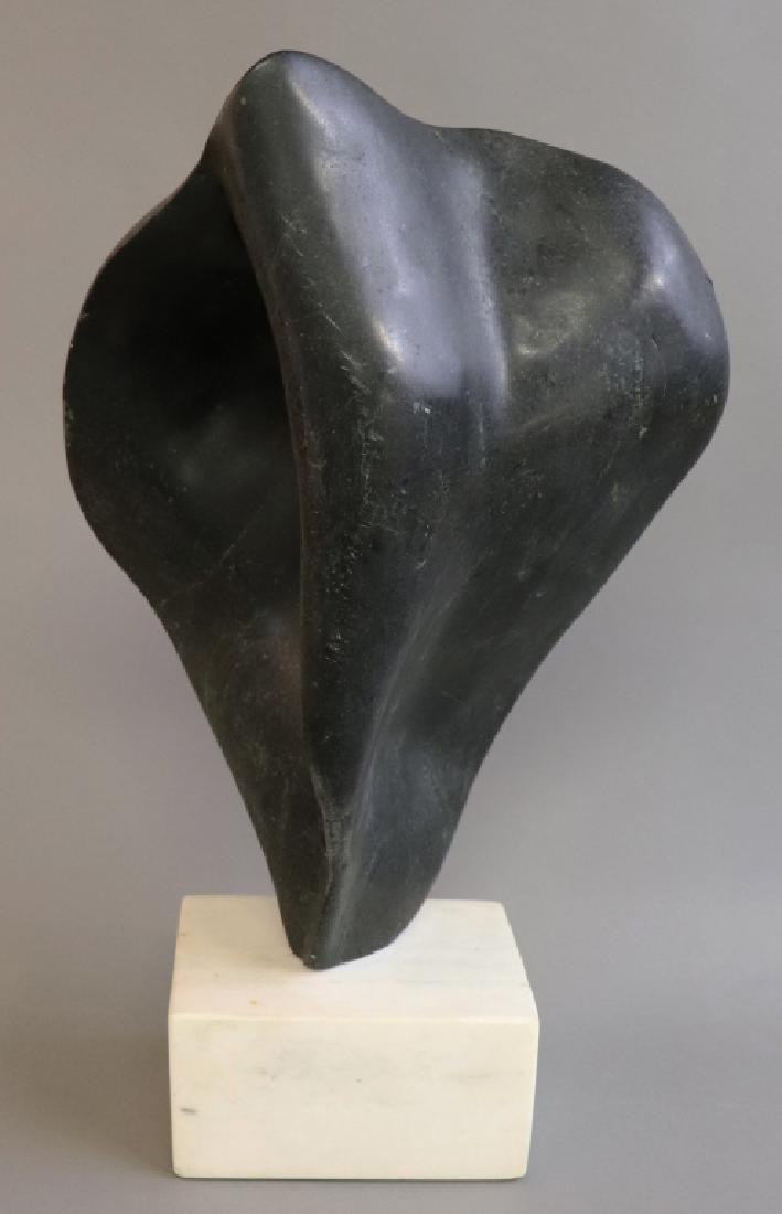 Inuit Style Dark Green Stone Sculpture: Inuit style dark green stone carved sculpture, initialed "OBD 84", by Farell Barnett Dixon, 16"h, mounted on a marble base