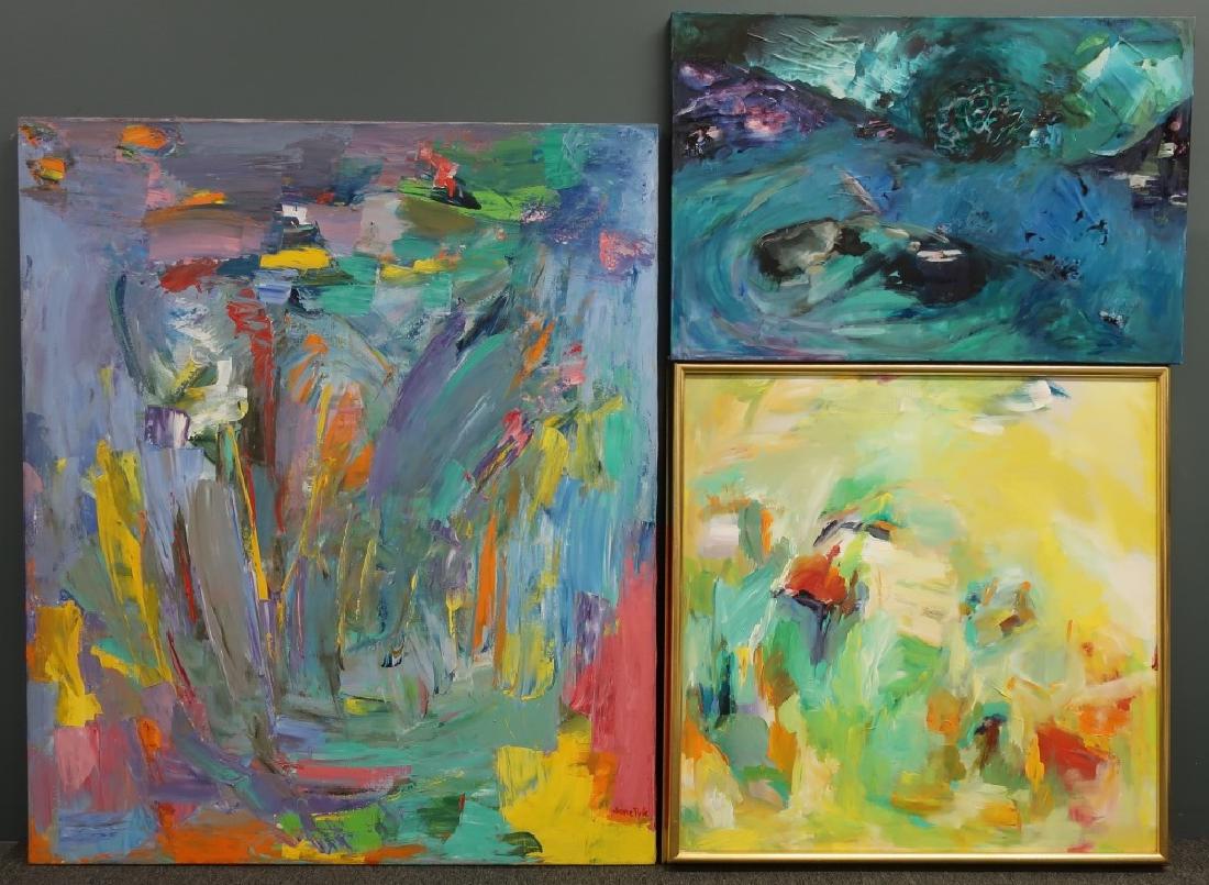 Three Large Acrylic Paintings By Jane Pyle: Three large contemporary paintings by Jane Pyle to include an acrylic on canvas abstract, unframed, 52 1/2"h x 44"w; a framed yellow acrylic on canvas, sight 33 1/2"h x 33 1/4"w; and an unframed mixed