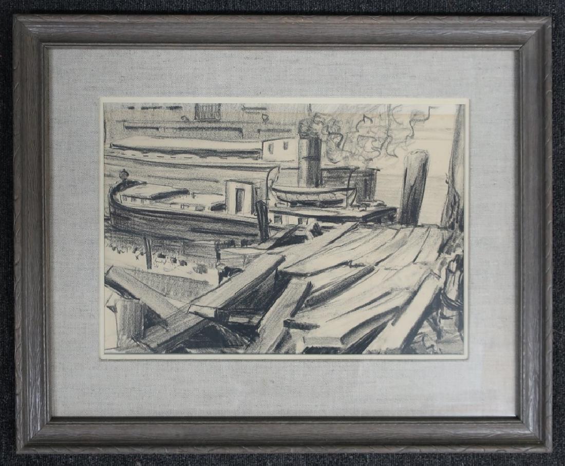 William Hekking Sketch of Old Erie Canal Wharf: William Matthews Hekking (American, 1885 - 1970) framed and matted charcoal sketch of the Historic Old Erie Canal Wharf, Buffalo, New York, 1945, with attached document, sight 11 1/2"h x 16 1/4"w