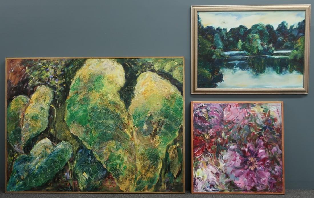 Three Colorful Acrylic Paintings by Jane Pyle: Three colorful contemporary framed paintings by Jane Pyle to include an acrylic on panel riverscape titled verso "Stourhead, England", sight 20 3/4"h x 28 1/2"w; an acrylic on wood panel of flowers, s