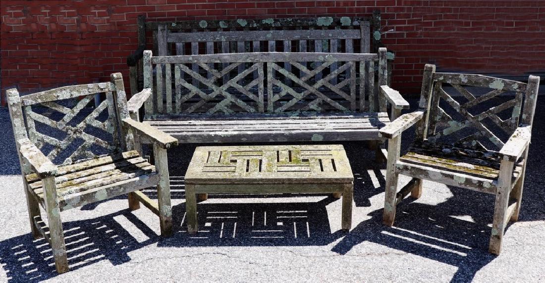 Solid Teakwood Patio Set by British American: Solid teakwood patio set by British American to include three settees, largest 38"h x 90"l, together with two armchairs and a table, as found