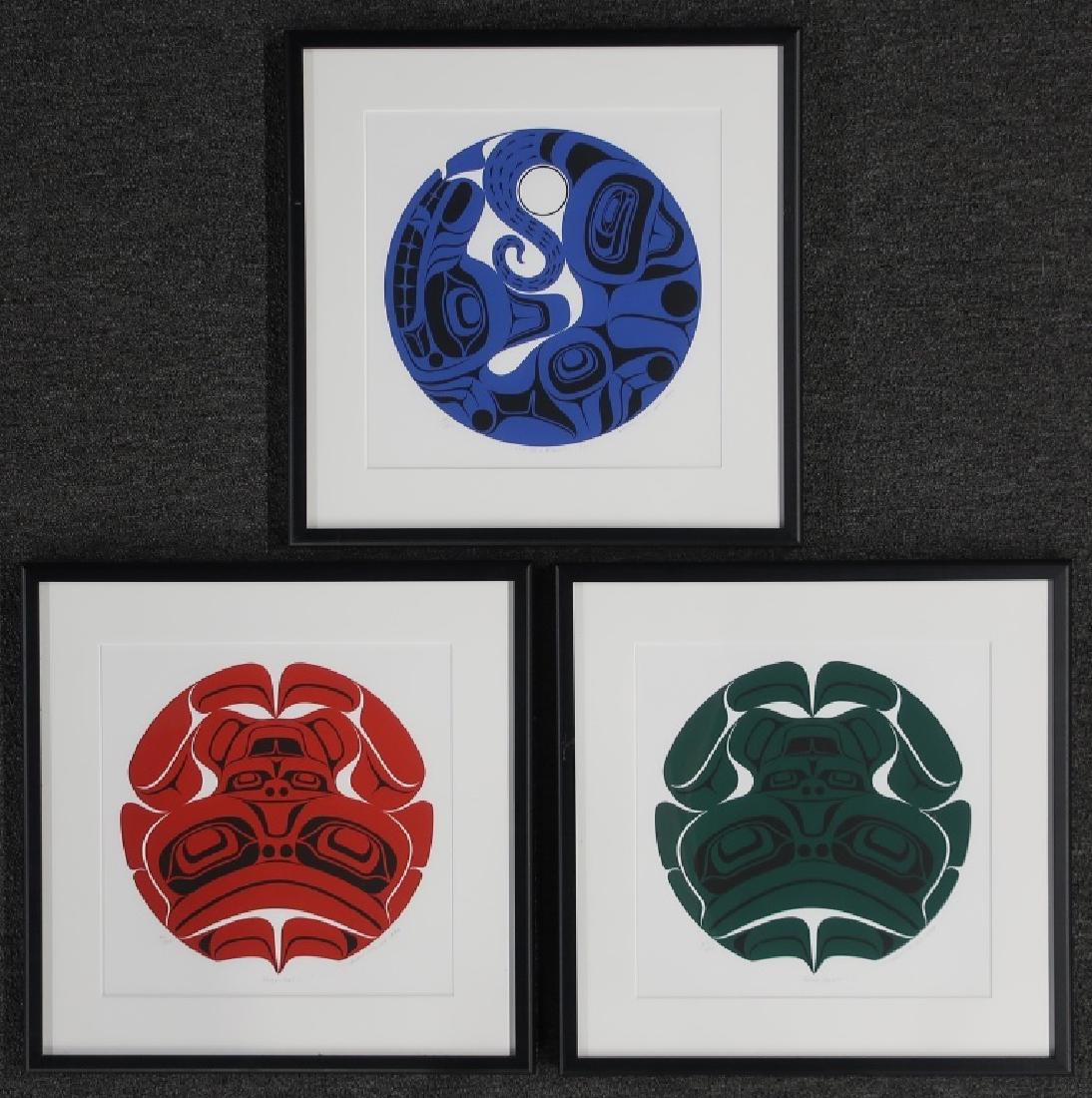 Three Yukie Adams Signed Silkscreen Prints: Yukie Adams (Japan / Alaska, d.2015) three framed and matted Pacific Northwest Tlingit silkscreens prints, all pencil signed lower right, to include: "Frog (Red)", 1993, #60/350; "Frog (Green)", 1993,