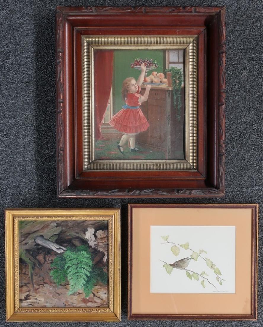Mary Swift Powers Oil Painting and Two Others: Three framed artworks to include: Mary Swift Powers (Vermont / Massachussetts, 1885 - 1959) small botanical oil on canvas "Beech Fern", signed lower left, titled verso, sight 9 1/2"h x 9 3/4"w; Joyce 