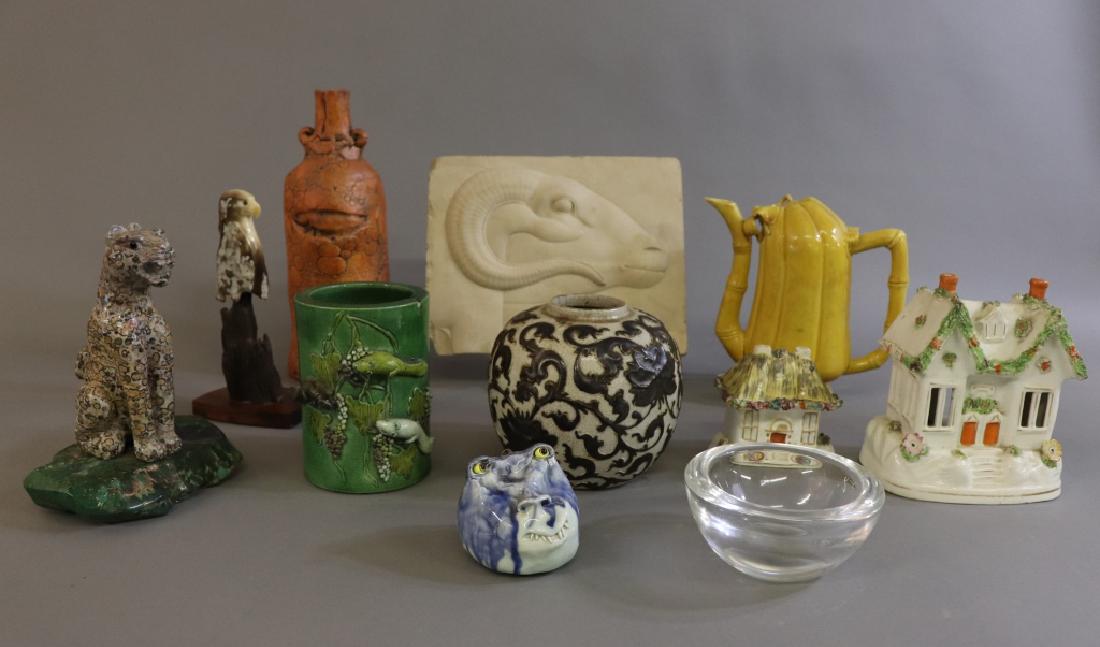 Pottery and Stone Table Ornaments: Pottery and stone table ornaments to include Staffordshire, an Asian ginger jar, a carved leopard, etc., largest piece 10"h