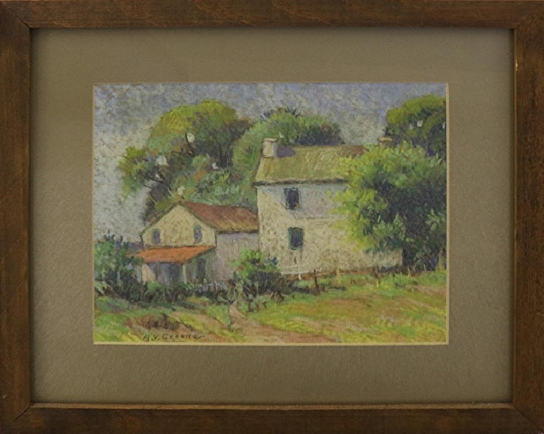 Albert Van Nesse Greene Pastel: Albert Van Nesse Greene (American, 1887-1971) framed and matted pastel on sand paper painting of Pikeland Village, Chester Springs, Pennsylvania, sight: 8 1/2"h x 10 1/2"w