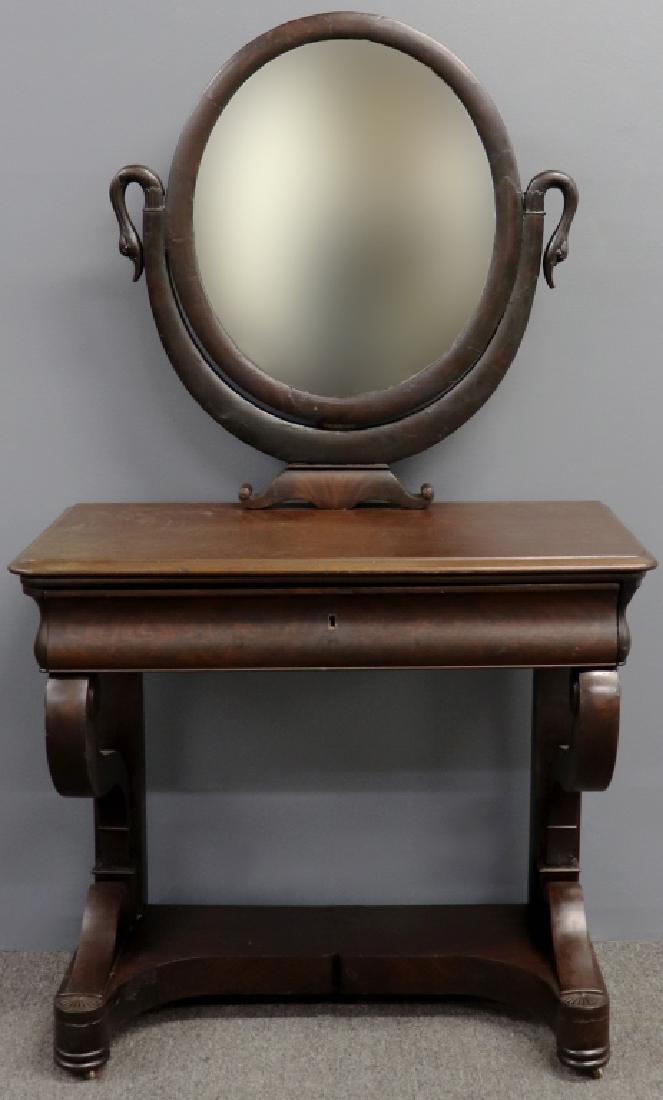 Empire Mahogany Dressing Table: Empire mahogany dressing table with carved swan neck mirror support, 60 1/2"h x 33"w