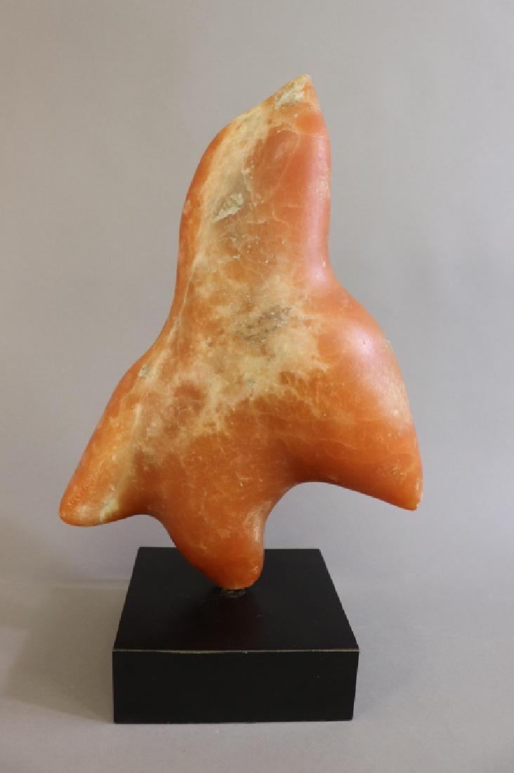 Inuit Style Carved Orange Stone Sculpture of a Bird: Inuit style carved orange stone sculpture of a bird, mounted on a plinth, signed vero "Gina 1985", sculpture 13 1/8"h x 9"w x 3 1/2"d, overall 15"h x 9"w x 5 1/2"d