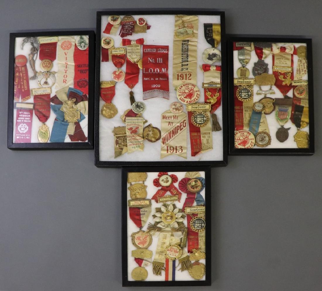 Four Cased Souvenir / Committee Badges: Four cased souvenir / committe badges, early 1900's, including 28th annual convention of the Loyal Order of Moose, Chicago 1926, etc., largest case 16"h x 12"w