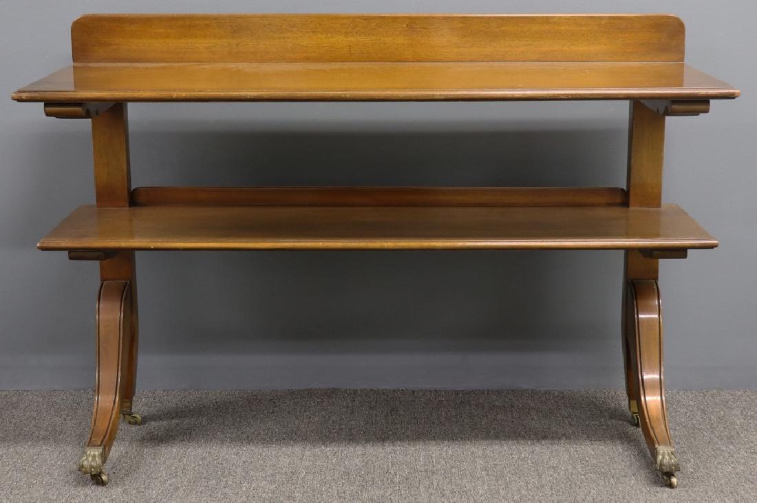 Duncan Phyfe Style Mahogany Side Server: Duncan Phyfe style mahogany side server, circa 1950 with brass paw feet and casters, 36"h x 52"w