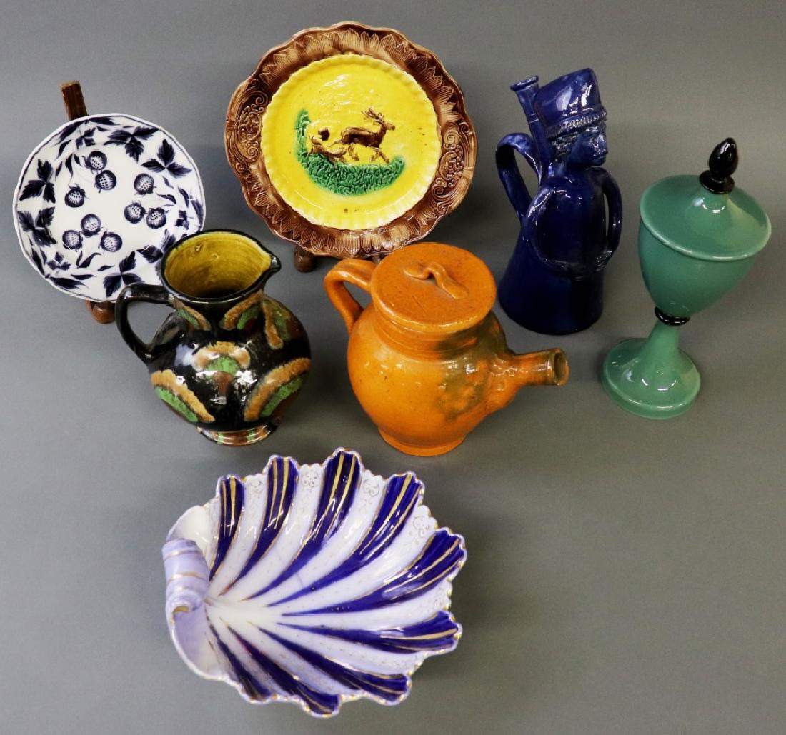 Miscellaneous Grouping to include Redware Pitcher: Miscellanious grouping to include a Jugtown redware pitcher, 7"h, majolia stag plate, 11"dia, another plate, shell dish, etc