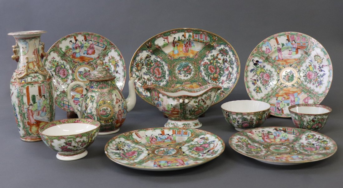 Chinese Porcelain Rose Medallion Tableware: Chinese porcelain Rose Medallion tableware, circa 1860, to include a vase, 10"h, and an oval tray, 12 1/2"l