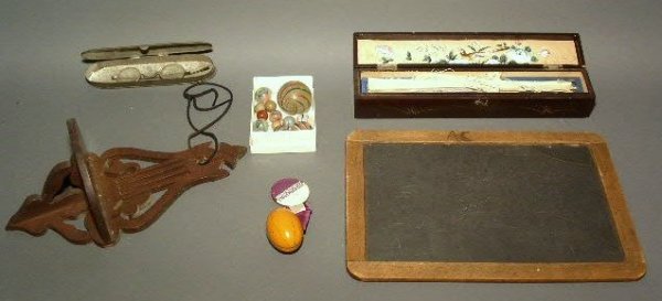 Ladies fan with box, child's slate board, spectacl