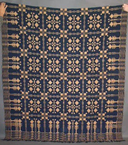 Jacquard coverlet, blue and white. 75"x90".