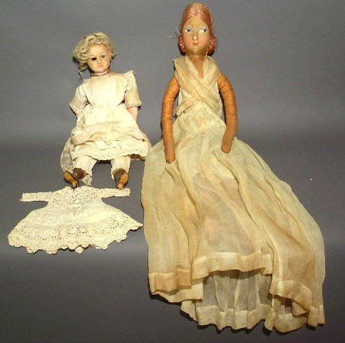 French wax doll 18"h., head 3.5"h. and a cloth d
