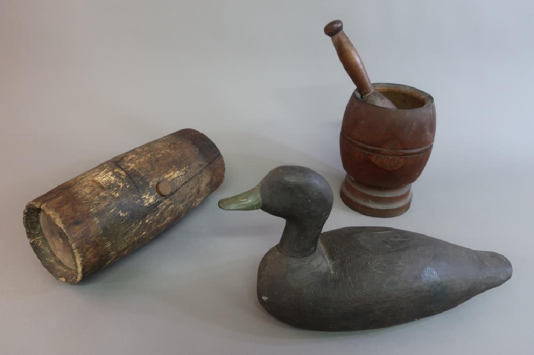 Primitive Water Cask, Mortar & Pestle & Decoy: Primitive water cask, 19th century, 11 1/2"h, a mortar and pestle, 8"h, and a duck decoy